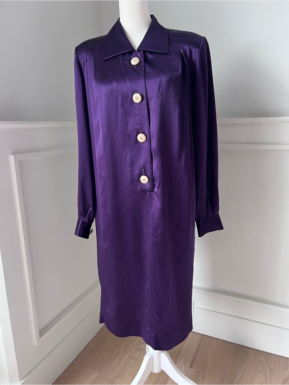 Liz Claiborne Deep Purple Satin Long-Sleeve Button Dress